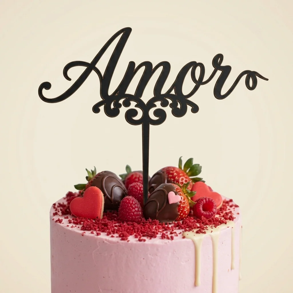 Topper "Amor" caligráfico con voluta floral