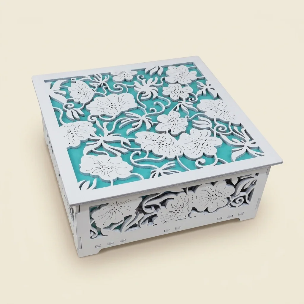 Joyero cuadrado con tapa floral calada (blanco y turquesa)