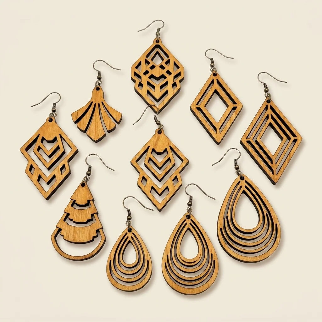 Surtido de aretes geométricos en madera